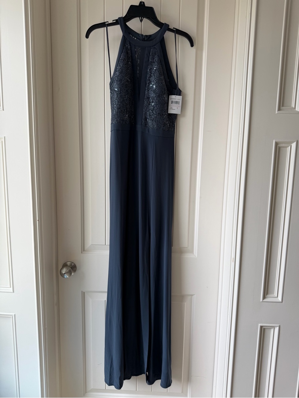 Night Way Collections Navy Blue Halter Prom Dress with Sequin Bodice